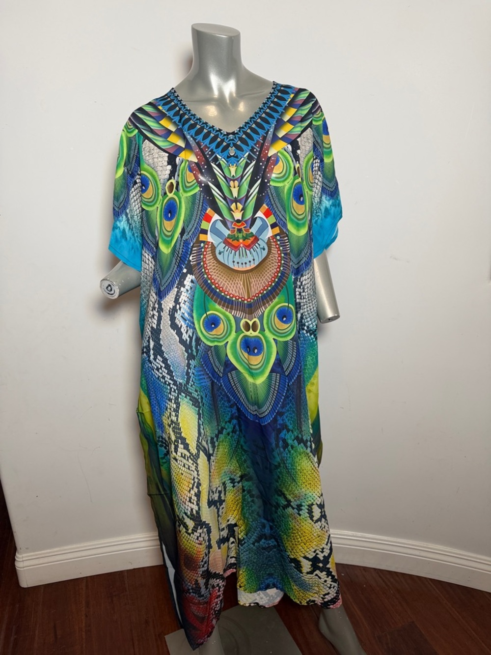 Bohemian Peacock Print Maxi Caftan Blue Green Multicolor Maxi Dress Beach Summer